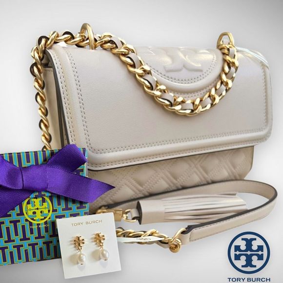 AUTH. NWT Tory Burch Fleming Convertible Shoulder Bag & Kira Pearl Drop Earrings - Picture 12 of 12